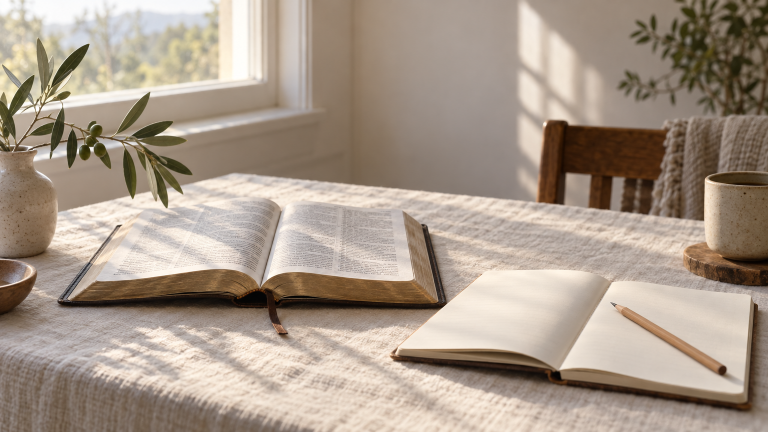 Open Bible and journal in morning light